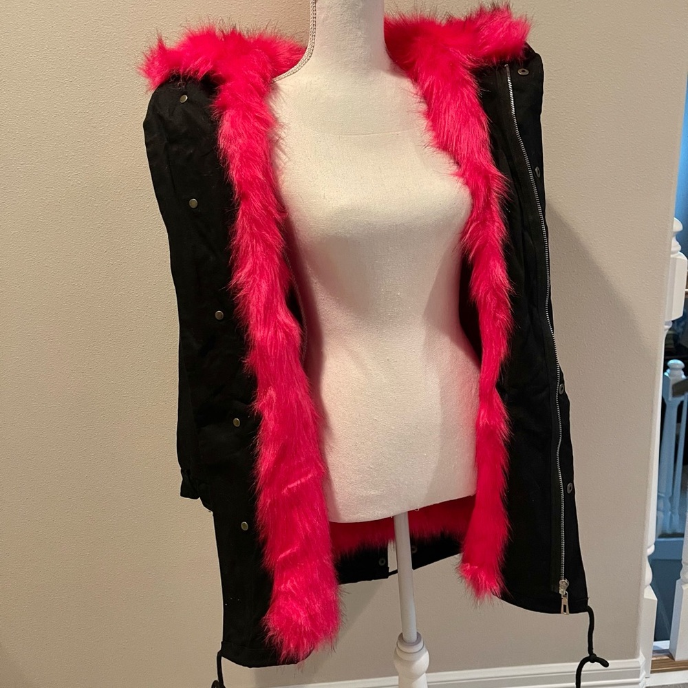 Pink Faux Fur Hooded Canvas Coat